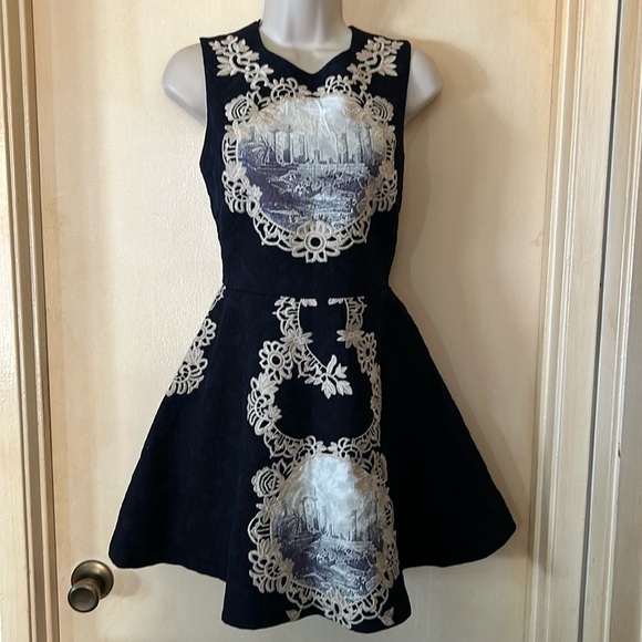 Dresses & Skirts - Black silk brocade dress with ivory lace embroidery and watercolor patches sz4